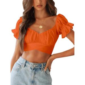 imageLYANER Womens Ruffle Short Sleeve Tie Up Back Crop Top Off Shoulder Bardot BlouseNeon Orange