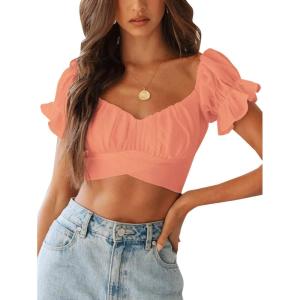 imageLYANER Womens Ruffle Short Sleeve Tie Up Back Crop Top Off Shoulder Bardot BlouseOrange