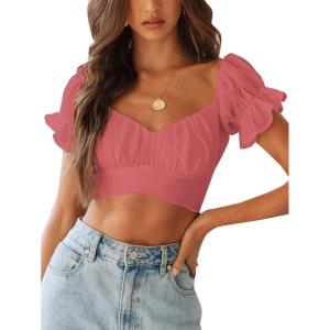 imageLYANER Womens Ruffle Short Sleeve Tie Up Back Crop Top Off Shoulder Bardot BlousePink