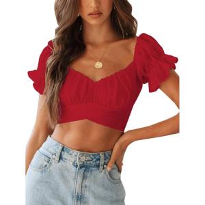 imageLYANER Womens Ruffle Short Sleeve Tie Up Back Crop Top Off Shoulder Bardot BlouseRed