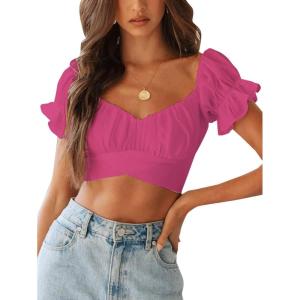 imageLYANER Womens Ruffle Short Sleeve Tie Up Back Crop Top Off Shoulder Bardot BlouseRose