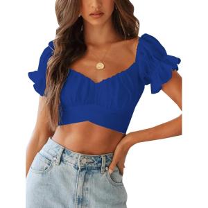 imageLYANER Womens Ruffle Short Sleeve Tie Up Back Crop Top Off Shoulder Bardot BlouseRoyal Blue