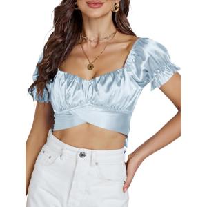 imageLYANER Womens Ruffle Short Sleeve Tie Up Back Crop Top Off Shoulder Bardot BlouseSatin Baby Blue