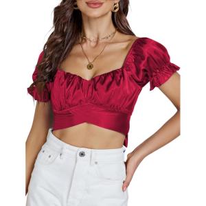 imageLYANER Womens Ruffle Short Sleeve Tie Up Back Crop Top Off Shoulder Bardot BlouseSatin Burgundy
