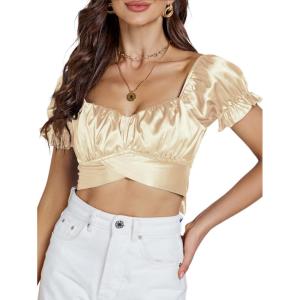imageLYANER Womens Ruffle Short Sleeve Tie Up Back Crop Top Off Shoulder Bardot BlouseSatin Champagne