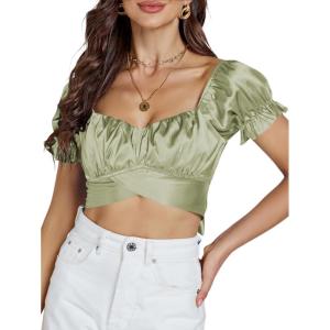 imageLYANER Womens Ruffle Short Sleeve Tie Up Back Crop Top Off Shoulder Bardot BlouseSatin Light Green