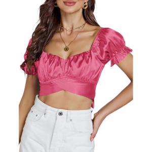 imageLYANER Womens Ruffle Short Sleeve Tie Up Back Crop Top Off Shoulder Bardot BlouseSatin Rose