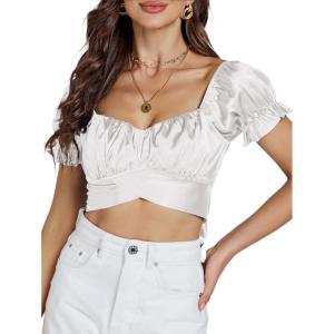 imageLYANER Womens Ruffle Short Sleeve Tie Up Back Crop Top Off Shoulder Bardot BlouseSatin White