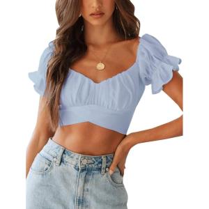 imageLYANER Womens Ruffle Short Sleeve Tie Up Back Crop Top Off Shoulder Bardot BlouseSky Blue