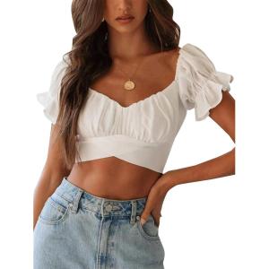 imageLYANER Womens Ruffle Short Sleeve Tie Up Back Crop Top Off Shoulder Bardot BlouseWhite