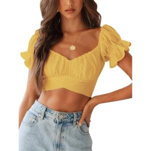 imageLYANER Womens Ruffle Short Sleeve Tie Up Back Crop Top Off Shoulder Bardot BlouseYellow