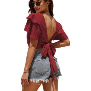 imageLYANER Womens Self Tie Back Scoop Neck Layer Ruffle Trim Short Sleeve Crop Top Blouse ShirtBurgundy