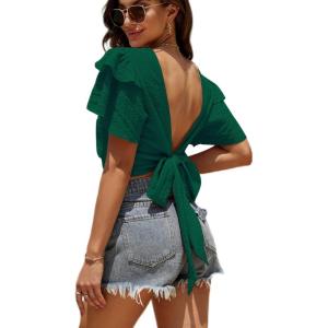 imageLYANER Womens Self Tie Back Scoop Neck Layer Ruffle Trim Short Sleeve Crop Top Blouse ShirtDark Green