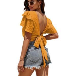 imageLYANER Womens Self Tie Back Scoop Neck Layer Ruffle Trim Short Sleeve Crop Top Blouse ShirtGinger