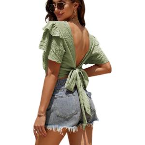 imageLYANER Womens Self Tie Back Scoop Neck Layer Ruffle Trim Short Sleeve Crop Top Blouse ShirtPea Green