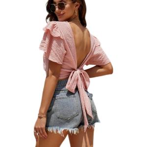 imageLYANER Womens Self Tie Back Scoop Neck Layer Ruffle Trim Short Sleeve Crop Top Blouse ShirtPink