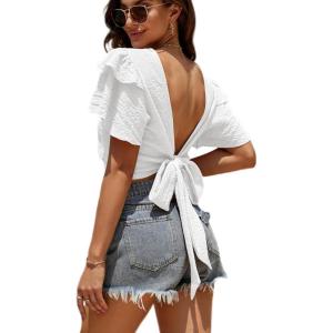 imageLYANER Womens Self Tie Back Scoop Neck Layer Ruffle Trim Short Sleeve Crop Top Blouse ShirtWhite
