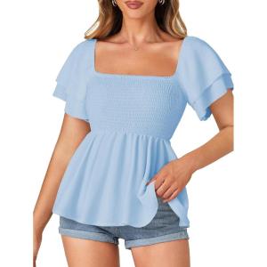 imageLYANER Womens Square Neck Smocked Peplum Top Ruffle Short Sleeve Babydoll Shirred BlouseBaby Blue