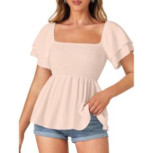 imageLYANER Womens Square Neck Smocked Peplum Top Ruffle Short Sleeve Babydoll Shirred BlouseBeige