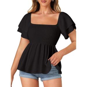 imageLYANER Womens Square Neck Smocked Peplum Top Ruffle Short Sleeve Babydoll Shirred BlouseBlack