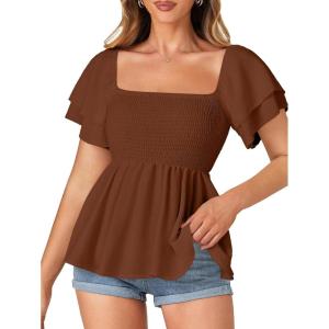 imageLYANER Womens Square Neck Smocked Peplum Top Ruffle Short Sleeve Babydoll Shirred BlouseBrown
