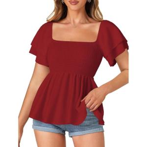 imageLYANER Womens Square Neck Smocked Peplum Top Ruffle Short Sleeve Babydoll Shirred BlouseBurgundy