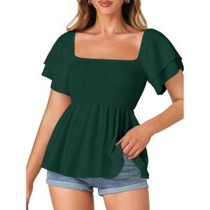 imageLYANER Womens Square Neck Smocked Peplum Top Ruffle Short Sleeve Babydoll Shirred BlouseDark Green