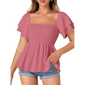 imageLYANER Womens Square Neck Smocked Peplum Top Ruffle Short Sleeve Babydoll Shirred BlouseDark Pink