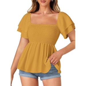 imageLYANER Womens Square Neck Smocked Peplum Top Ruffle Short Sleeve Babydoll Shirred BlouseGinger