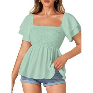 imageLYANER Womens Square Neck Smocked Peplum Top Ruffle Short Sleeve Babydoll Shirred BlouseGreen