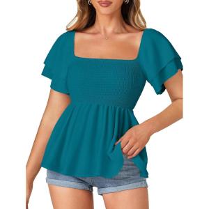 imageLYANER Womens Square Neck Smocked Peplum Top Ruffle Short Sleeve Babydoll Shirred BlouseLake Blue