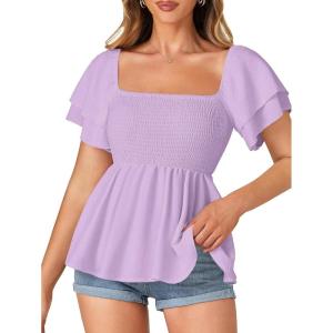 imageLYANER Womens Square Neck Smocked Peplum Top Ruffle Short Sleeve Babydoll Shirred BlouseLavender