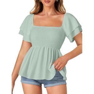 imageLYANER Womens Square Neck Smocked Peplum Top Ruffle Short Sleeve Babydoll Shirred BlouseLight Green