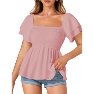 imageLYANER Womens Square Neck Smocked Peplum Top Ruffle Short Sleeve Babydoll Shirred BlousePink