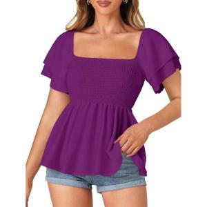 imageLYANER Womens Square Neck Smocked Peplum Top Ruffle Short Sleeve Babydoll Shirred BlousePurple
