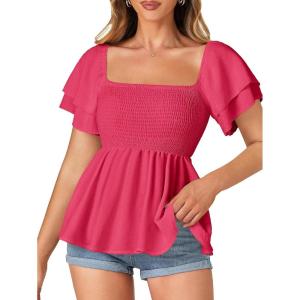 imageLYANER Womens Square Neck Smocked Peplum Top Ruffle Short Sleeve Babydoll Shirred BlouseRose Pink