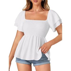 imageLYANER Womens Square Neck Smocked Peplum Top Ruffle Short Sleeve Babydoll Shirred BlouseWhite