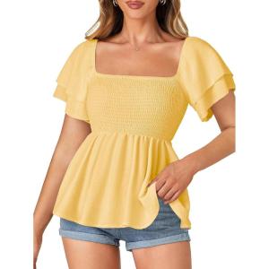 imageLYANER Womens Square Neck Smocked Peplum Top Ruffle Short Sleeve Babydoll Shirred BlouseYellow