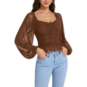 imageLYANER Womens Sweetheart Neck Self Tie Knot Shirred Back Mesh Lantern Long Sleeve Blouse Shirt TopCaramel