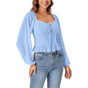 imageLYANER Womens Sweetheart Neck Self Tie Knot Shirred Back Mesh Lantern Long Sleeve Blouse Shirt TopLight Blue