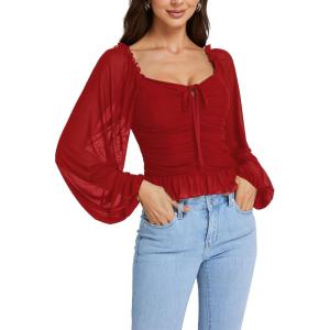 imageLYANER Womens Sweetheart Neck Self Tie Knot Shirred Back Mesh Lantern Long Sleeve Blouse Shirt TopRed