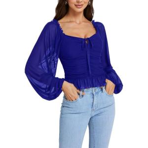 imageLYANER Womens Sweetheart Neck Self Tie Knot Shirred Back Mesh Lantern Long Sleeve Blouse Shirt TopRoyal Blue