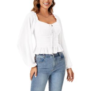 imageLYANER Womens Sweetheart Neck Self Tie Knot Shirred Back Mesh Lantern Long Sleeve Blouse Shirt TopWhite