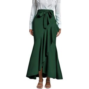 imageLYANER Womens Tie Waist Ruffle Wrap Mermaid Fishtail Hem High Waist Long Maxi SkirtDark Green