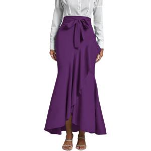 imageLYANER Womens Tie Waist Ruffle Wrap Mermaid Fishtail Hem High Waist Long Maxi SkirtDark Purple