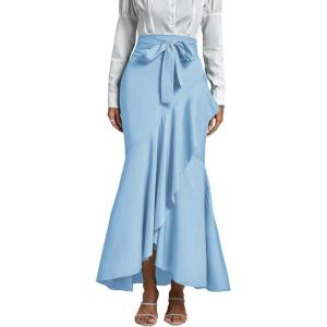 imageLYANER Womens Tie Waist Ruffle Wrap Mermaid Fishtail Hem High Waist Long Maxi SkirtLight Blue