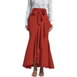 imageLYANER Womens Tie Waist Ruffle Wrap Mermaid Fishtail Hem High Waist Long Maxi SkirtRed