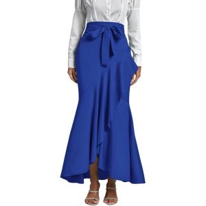 imageLYANER Womens Tie Waist Ruffle Wrap Mermaid Fishtail Hem High Waist Long Maxi SkirtRoyal Blue