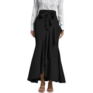 imageLYANER Womens Tie Waist Ruffle Wrap Mermaid Fishtail Hem High Waist Long Maxi SkirtSolid Black