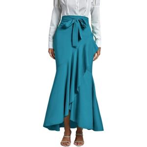 imageLYANER Womens Tie Waist Ruffle Wrap Mermaid Fishtail Hem High Waist Long Maxi SkirtTeal